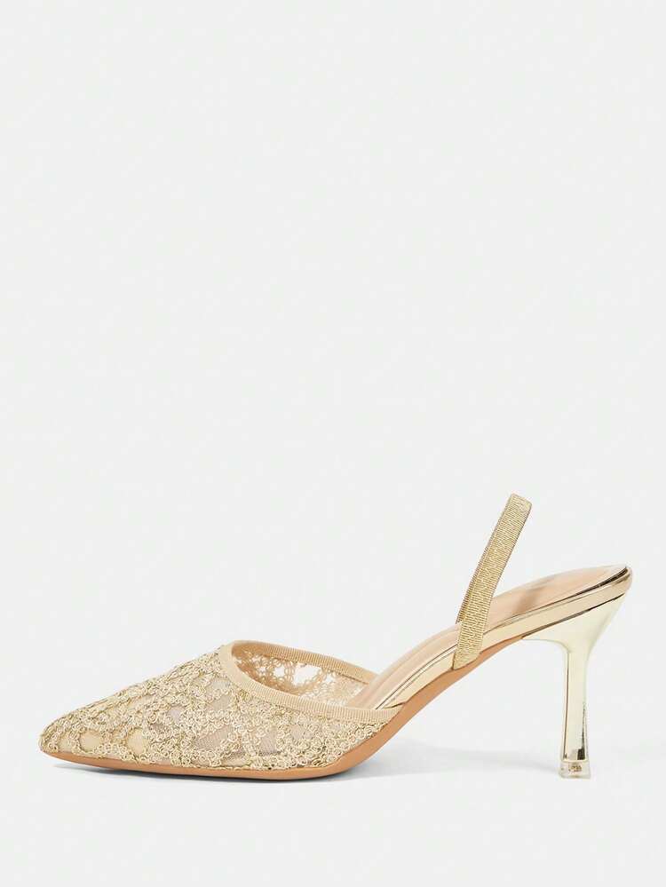 CUCCOO HITCHD New Gold Pointed Thin Heel Hollow Mesh Fashionable And Elegant Women's High Heel Shoes Wedding Season