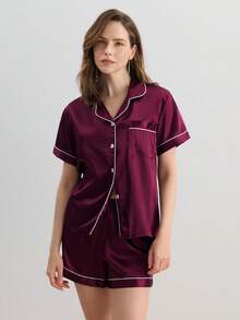 Hourtrue Conjunto de pijama cómodo con ribete de bloques de color, ropa de otoño invierno para verano - Burdeos - Ver 3