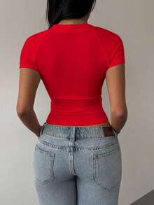 SHEIN BASICS 纯色针织可翻领修身短款女式上衣 - 紅色 - 查看 3