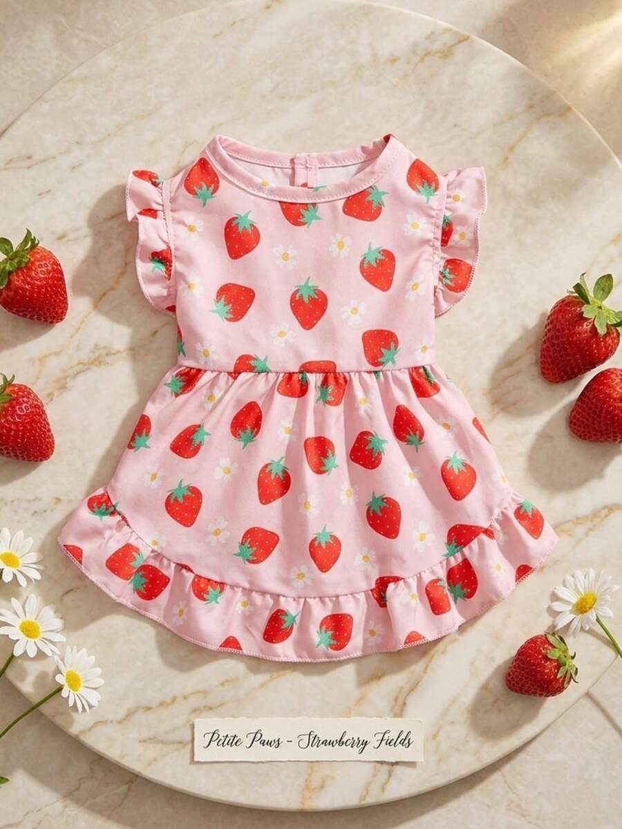 PETSIN 1 chiếc váy ngắn tay bồng viền ren in hình dâu tây cho thú cưng, thích hợp cho chó. - Nhiều màu - Xem 1