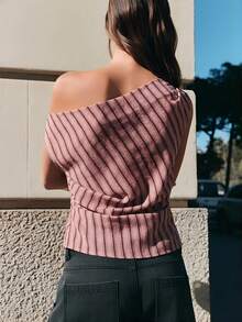 Nöista Fitted Top In Diagonal Mauve And Burgundy Stripes, Asymmetrical Neckline Showing One Shoulder With A T Of Gathering On The Sides.Spring Festival - Pink - View 2