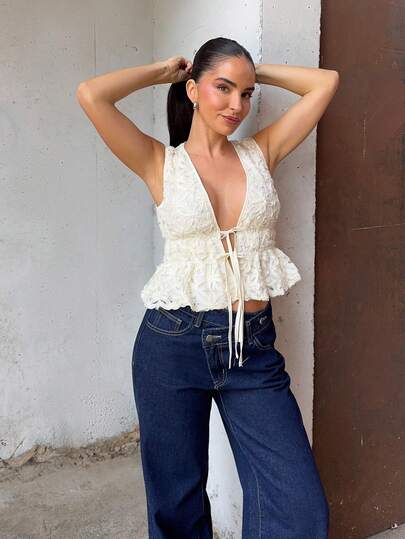 Marta Soriano 女式提花深V领系腰荷叶边下摆性感时尚衬衫