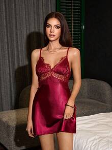 Women's Sexy Lace Patchwork Backless Ruffle Hem Mini Camisole Nightgown - Burgundy - View 3
