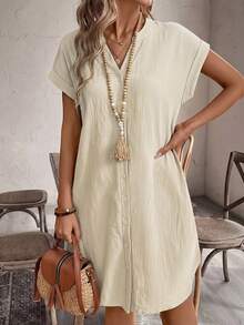 SHEIN Tall CURVE Plus Size Women Summer Casual Solid Color Single-Breasted Dress - Beige - View 5