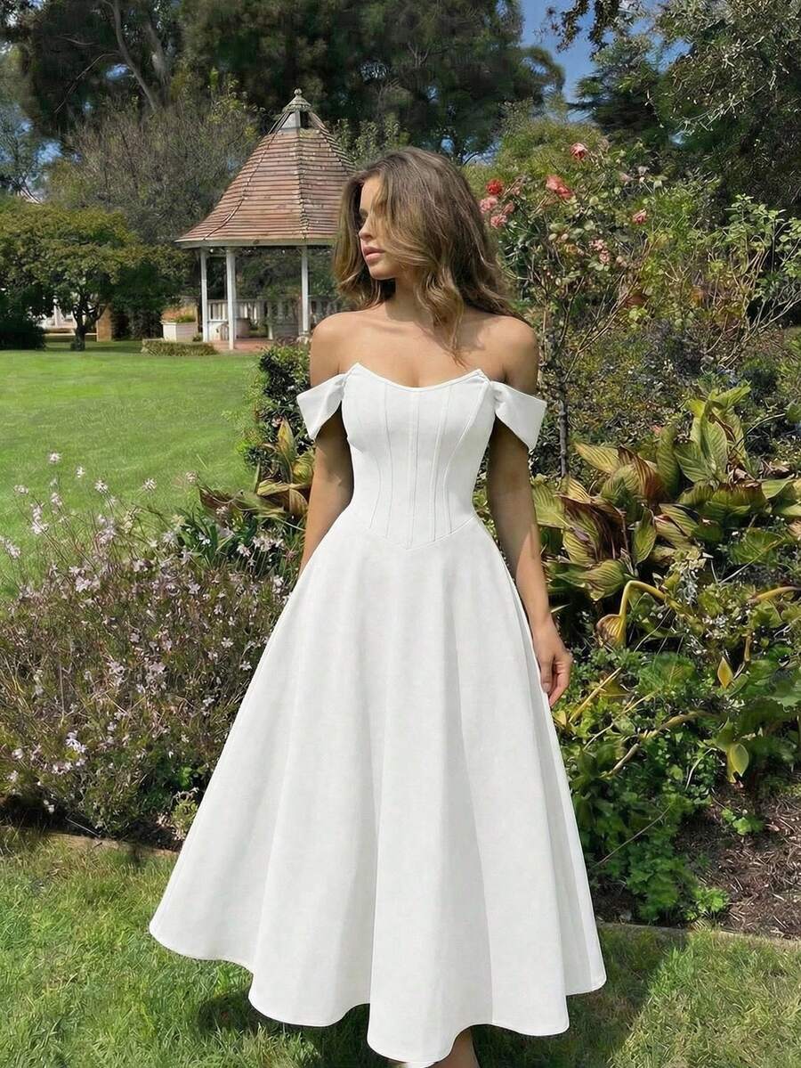 SHEIN MOD Women's Vintage Fishbone Sleeveless Dress,White,Summer,Elegant,Wedding Guest,Evening Gown,Formal Ball Gown,Renaissance Retro Homecoming Dress - White - View 1