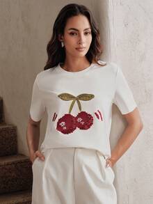 Anewsta Women's New Urban Chic Academic Commuter Versatile Heavy Beaded Cherry Embroidery Round Neck Short Sleeve T-Shirt, Spring/Summer - White - View 3