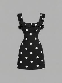 SHEIN MOD 女士方领无袖荷叶边波点时尚夏季迷你连衣裙 - 黑與白 - 查看 8