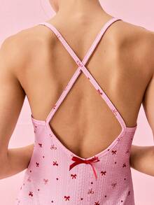 Bonmuse Camisón de mujer con estampado de corazón y lazo de jacquard tejido, con parches de encaje y abertura alta - Rosa - Ver 8