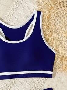 SHEIN Tween Girl Colorblock Simple Daily Swimwear Set - Navy Blue - View 3