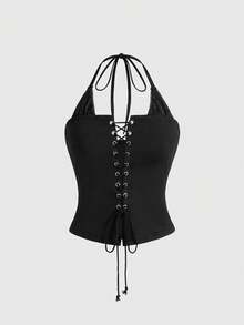 ROMWE Y2K Spring/Summer Women's Sexy Lace-Up Front Contrast Lace Slim Fit Halter Neck Camisole, Suitable For Music Festivals, Parties, Vacations, Dates And Other Occasions - Black - View 4