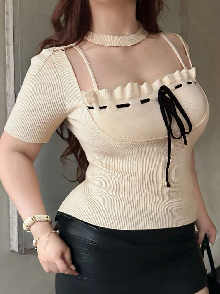 Dazy Plus Summer Colorblock Tie-Up Bow Knit Slim Fit Sexy Plus Size Women Short Sleeve Top