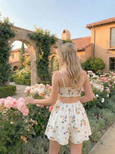 SHEIN MOD 女士夏季印花前系带吊带阔腿连体裤