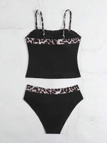 SHEIN 少女豹纹拼接休闲泳装套装，春夏动物纹泳装黑色两件式泳衣豹纹泳衣豹纹比基尼套装 - 粉色 - 查看 4