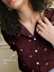 Écloséra 女士法式休闲度假荷叶边领花瓣袖柔软质感蓝色衬衫，春夏法式女式衬衫，女士上衣和衬衫，纽扣上衣，女士休闲Polo衫 - 酒紅色 - 查看 2