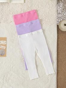 SHEIN Vintaside Kids 3件組女嬰粉色與白色秋季休閒畢業返校打底褲 6個月-3歲 紫色羅紋波浪邊彈性腰長褲 - 彩色 - 查看 2