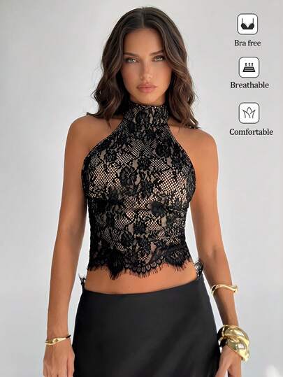 Aloruh Áo lót ren đen gợi cảm, không có đệm ngực, kiểu dáng thanh lịch, đa năng, thích hợp mặc hàng ngày, đi biển, nghỉ xuân, dự tiệc sinh nhật, áo khoác ngoài mùa xuân hè. Áo hai dây đen hở lưng, cổ yếm, gợi cảm dành cho nữ.
