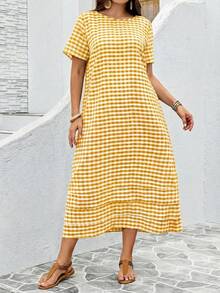 EMERY ROSE Plus Size Women Summer Casual Plaid Print Dress - Yellow - View 3