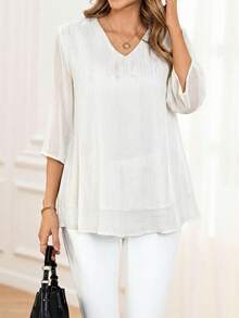 Miaspire Áo kiểu nữ cỡ lớn thanh lịch, cổ chữ V, tay lửng, màu đen, thích hợp cho mùa xuân/hè. - trắng - Xem 7