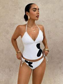 Swim Glamine Elegant White Floral Print Tankini Swimwear Set,French Halter Two Pieces Bathing Suit For Women,Summer,Casual,Pool Party,Vacation,Holiday - White - View 3