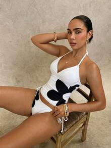 Swim Glamine Elegant White Floral Print Tankini Swimwear Set,French Halter Two Pieces Bathing Suit For Women,Summer,Casual,Pool Party,Vacation,Holiday - White - View 6