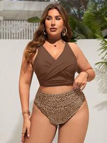 Swim Lushoire Plus Size Criss-Cross Wrap Summer Bikini, Fashionable Beach Swimwear - Coffee Brown - View 3