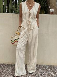 DAZY Frühlings- und Sommer-Lässig-Urlaubs-Gestreiftes ärmelloses Top und gerade geschnittene weite Hose 2 Stücke Set für Frauen, Loungewear-Sets für Frauen - Beige - Übersicht 6