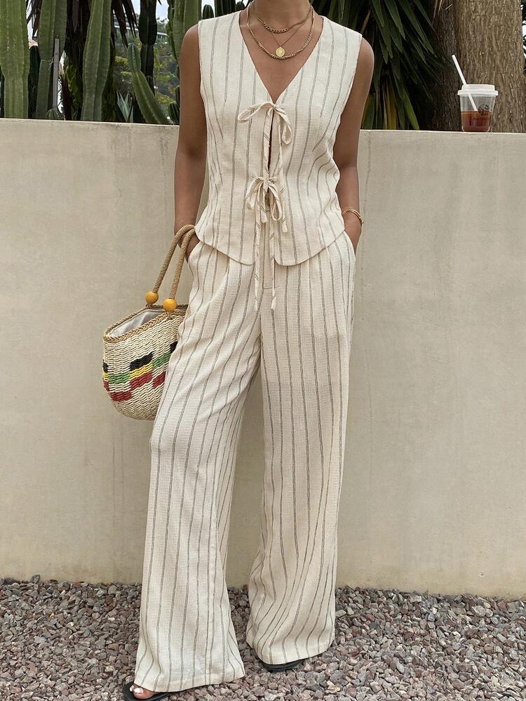 Spring & Summer Casual Vacation Striped Sleeveless Top And Loose Straight Leg Pants 2 Pieces Set For Women