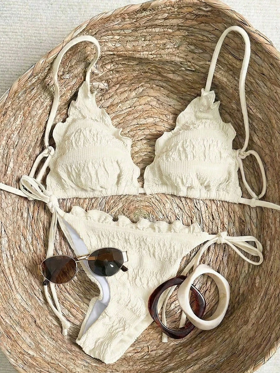 Swim Vcay Women's 2-Piece Textured Ruched Tie-Front Bikini Set, 26SS New Beach Party Resort Style Swimwear - Apricot - View 1