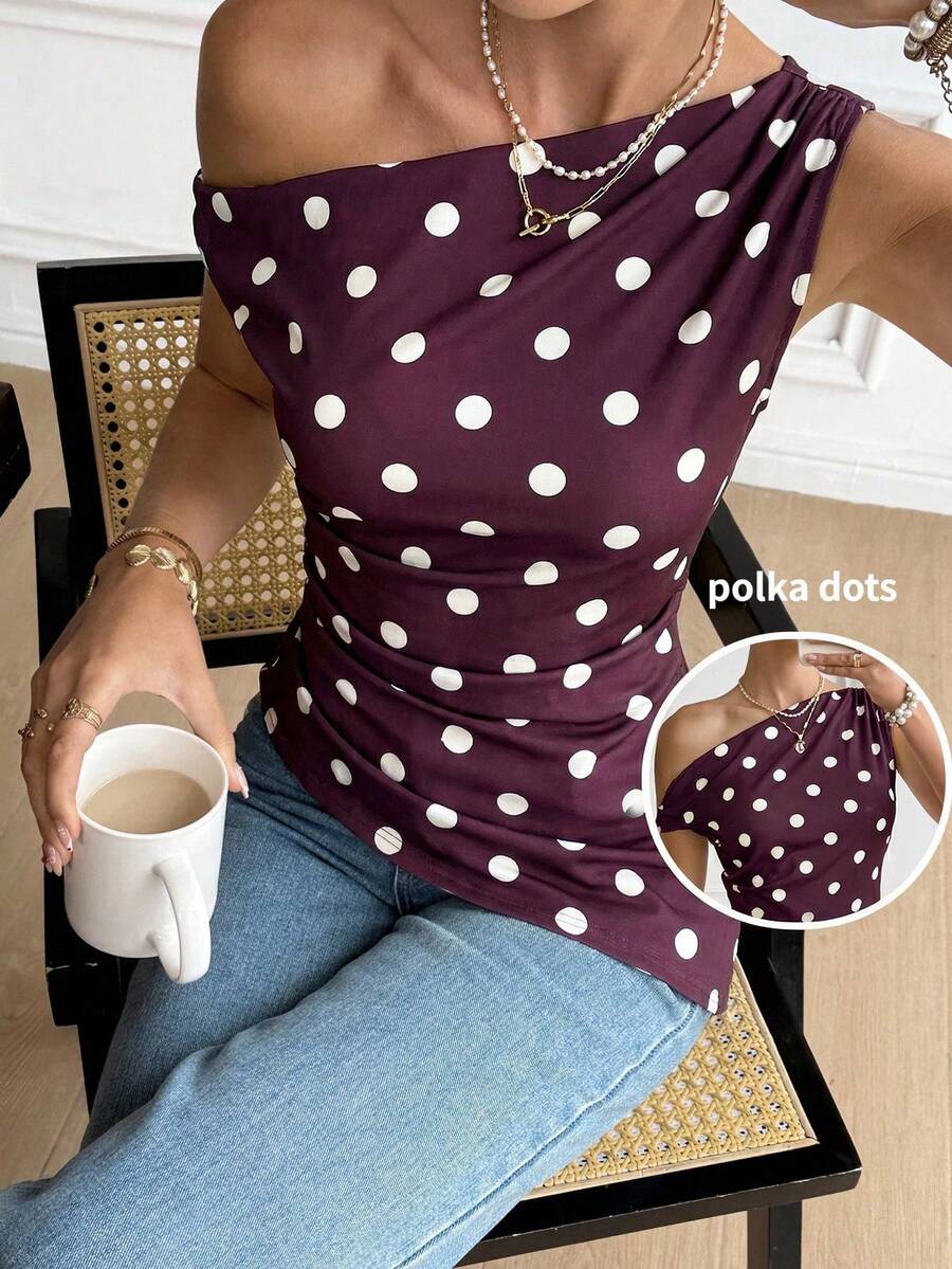 Serisse Women's Casual Polka Dot Print Asymmetrical Shoulder T-Shirt, Summer,Summer Top - Coffee Brown - View 1