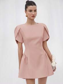 Vestido corto de manga corta con cuello redondo, escote de princesa, estampado de tulipanes y dobladillo abultado empalmado - Rosa vieja - Ver 6