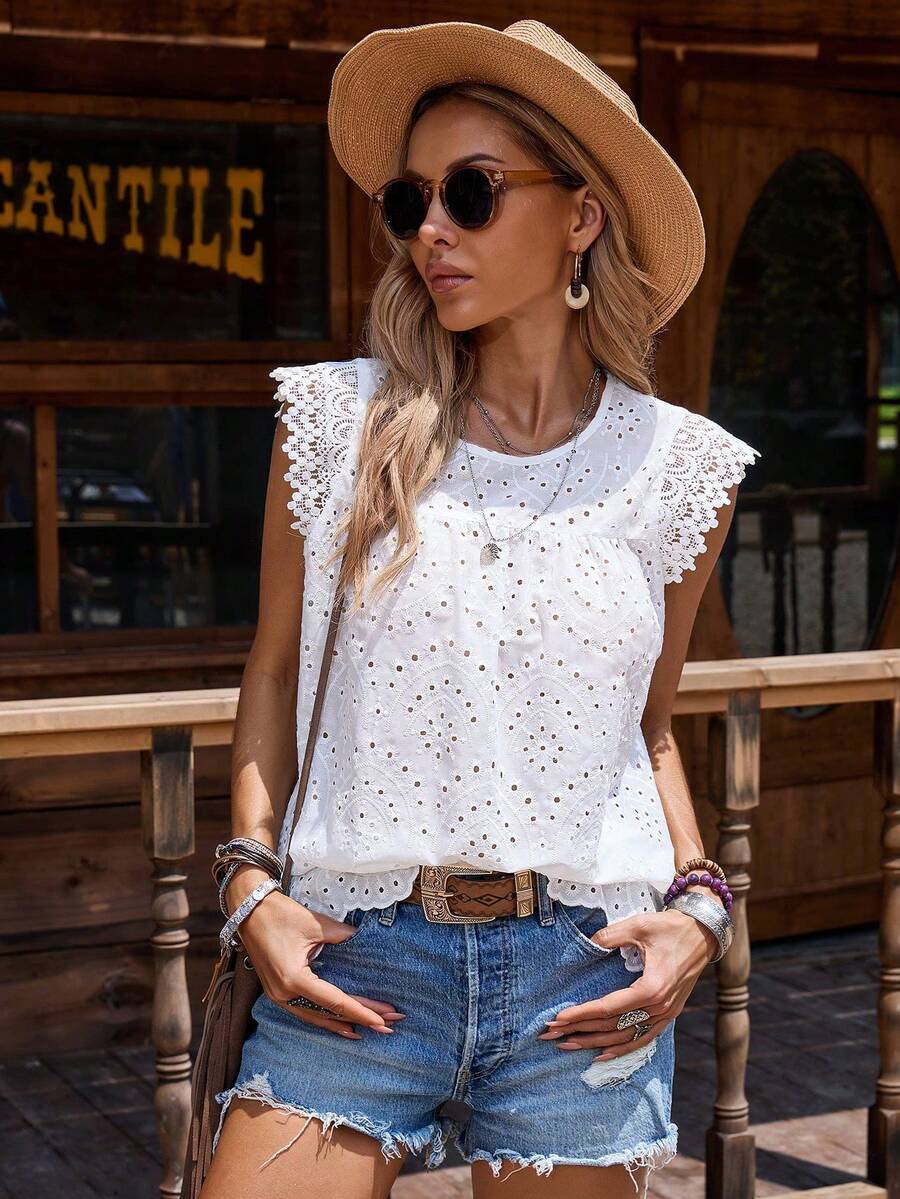 Vacation Casual Solid Color Hollow Embroidery Cap Sleeve Blouse - White - View 1