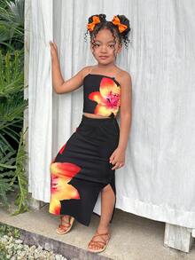 SHEIN Young Girl Casual Vacation Floral Print Camisole Top And Floral Print Mini Skirt Set - Orange - View 3