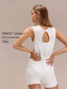 TENCEL™-Linen Max Motivation 及臀长度常规版型 A 字扭结镂空圆领背心，适合度假、夏季旅行、海滩日常休闲穿着 - 白色 - 查看 1