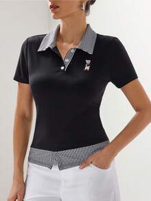 Briarwyn 女士条纹拼接 Polo 领卡通熊印花短袖休闲 T 恤 - 黑色 - 查看 5
