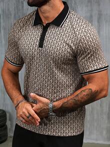 Manfinity CasualCool 男士大尺碼黑色對比色圖案 Polo 衫，夏季休閒翻領高爾夫衫，適合大碼高個男士，度假復古老錢風 - 棕色 - 查看 6