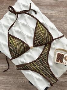 Swim Vcay Set Bikini Seksi Wanita Musim Semi/Panas Warna Polos Model Segitiga Tanpa Kawat dengan Atasan Halter Tanpa Punggung dan Celana Pendek Renang untuk Liburan Pantai - MultiWarna - View 4