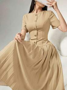 Heiryn Đầm nữ thanh lịch, bất đối xứng, xếp ly, có khóa cài, thích hợp cho công sở. - Màu vàng - Xem 2