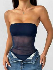 SHEIN EZwear Áo liền thân không tay màu xanh hải quân phối lưới, kiểu dáng ôm sát gợi cảm dành cho nữ. - Màu xanh hải quân - Xem 3