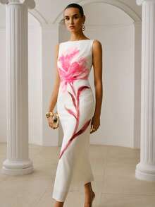 ZEYLAH 修身圆领印花长连衣裙，春夏款 - 粉色 - 查看 5