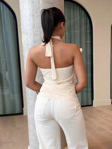 LHSEPT Áo ba lỗ cổ đứng viền bèo nhún nhiều lớp thanh lịch dành cho nữ - Màu be - Xem 3