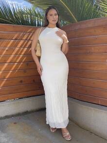 Nezia Cruz Women's Elegant Daily Casual Commuting Vacation Simple Sexy Backless White Dress Office Dress Birthday Party Dress Old Money Style Dress Bodycon Dress Solid Color Round Neck Sleeveless Waist Midi/Long Dress,Boho Clothes Women - White - View 7
