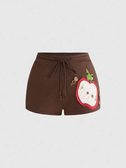 ROMWE Avant Short vintage polyvalent printemps/été Millennium avec décoration de boutons à fleurs brodées de pomme, grande taille