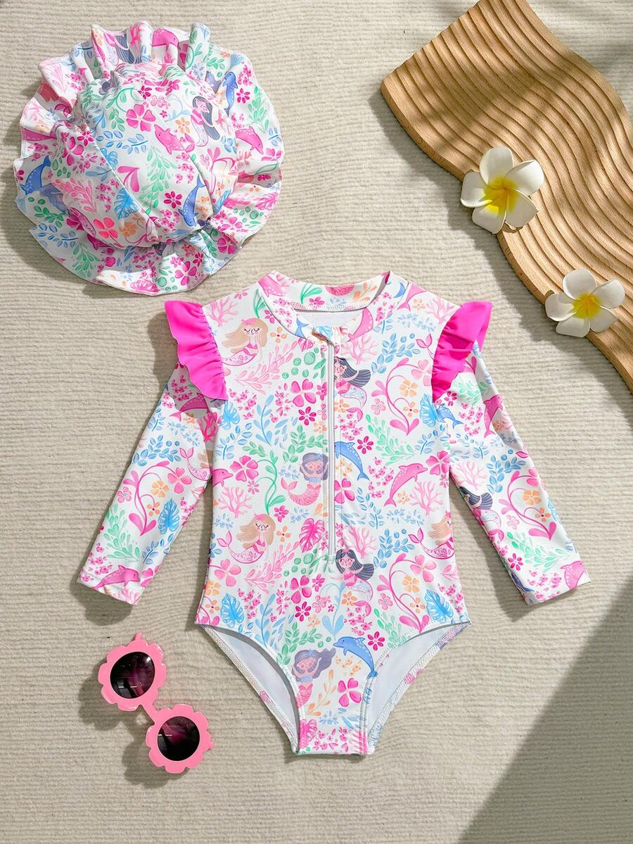 女婴沙滩装，女婴连体泳衣，采用可爱的粉色卡通美人鱼和花卉印花，针织面料制成。这款长袖泳衣带有荷叶边细节，并配有同款帽子。时尚、休闲、精致、优雅，非常适合游泳、夏季度假、海滩之旅、泳池派对和暑假活动。 - 玫紅色 - 查看 1