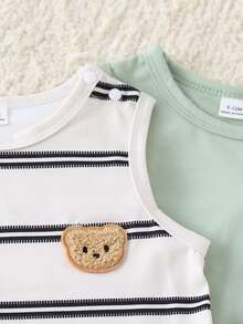 SHEIN Playful Pals 3件套男婴/男女通用婴儿幼儿新生儿0-3岁条纹纯色三件套：圆领无袖小熊刺绣背心和短裤，休闲可爱夏季亲子装 - 彩色 - 查看 9