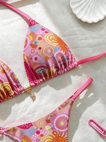 Elavelle Conjunto de bikini de mujer de unicolor con tirantes finos y sexy para vacaciones de primavera - Multicolor - Ver 4
