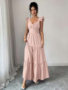 SHEIN Elenzya 女士纯色长裙，弹力腰带拼接修身长裙，时尚优雅的春夏日常穿着，适合晚宴约会等场合，风格百搭。 - 淺粉色 - 查看 7