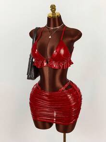 Amplova Bộ 2 món phong cách Y2K: Áo hai dây crop top ánh kim hở lưng và chân váy xếp ly ngắn. - Đỏ - Xem 6