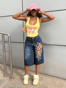 StreetHx 女士时尚休闲中国风龙图腾花卉七分牛仔裤 - 淺色水洗藍 - 查看 3