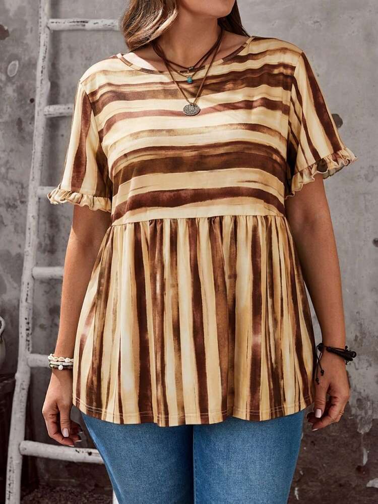 Plus Size Women's Casual Vacation Round Neck Short Sleeve Ruffle Sleeve Colorful Striped T-Shirt Blouse, Plus Size Women's Summer Casual Vacation Country Round Neck Short Sleeve Ruffle Sleeve Colorful Striped T-Shirt Top, Summer Holiday,Spring Break,Vacation,Holiday,Going Out,2026 New,Simple And Fashionable For Everyday Wear, Colorful Tops For Women,Suitable For Summer, Vacation,Daily Wear, Striped Blouse, Summer Casual Tops, Modest Summer Top,Beach, Boho Tops Plus Size, Brown Stripe Top, Blouse For Women Casual,Gifts For Mother
