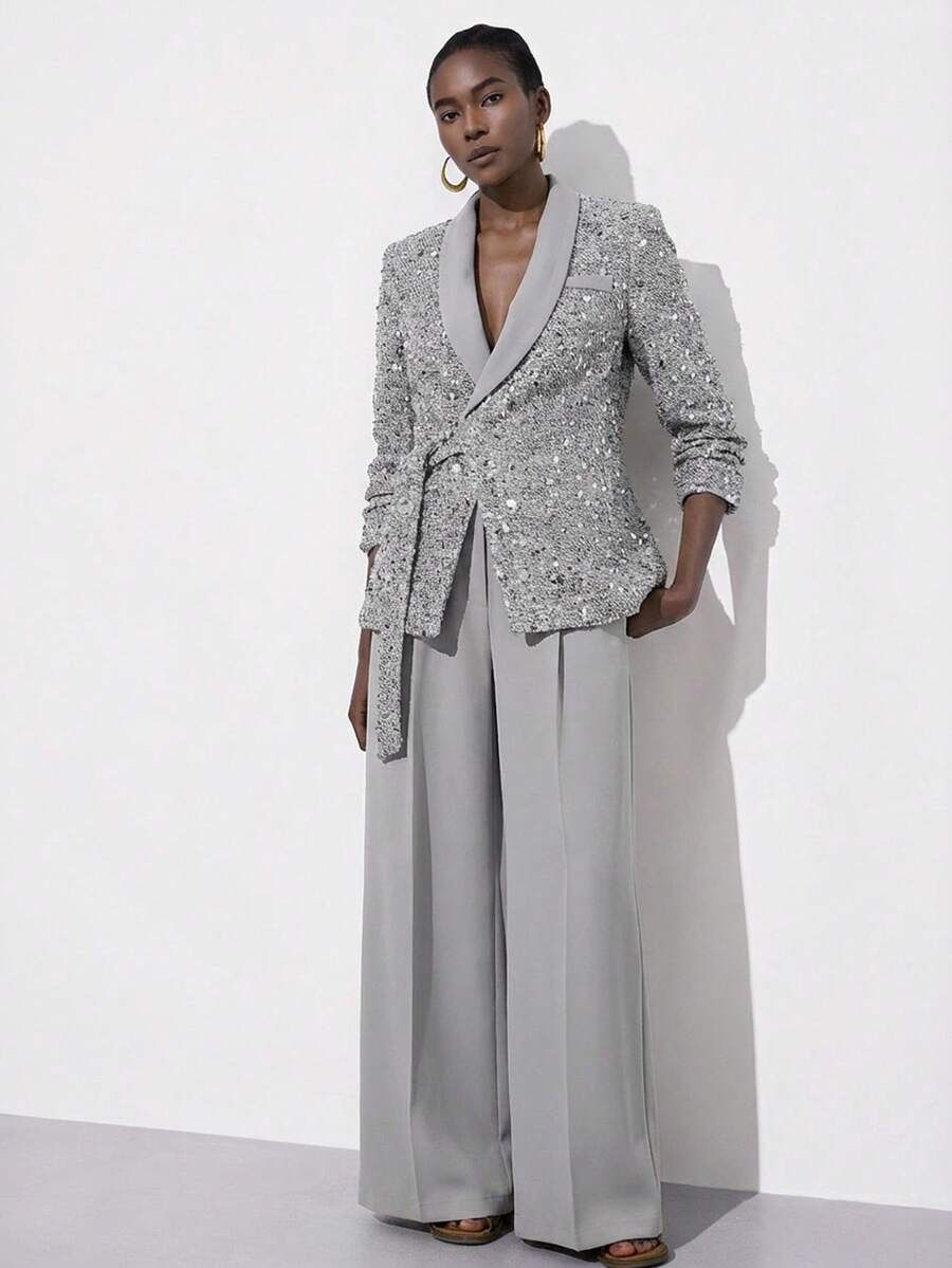 Aveloria Modichic Women's Sequin Patchwork Long Sleeve Blazer And Pants Casual Commuter Suit Set - Grey - View 1